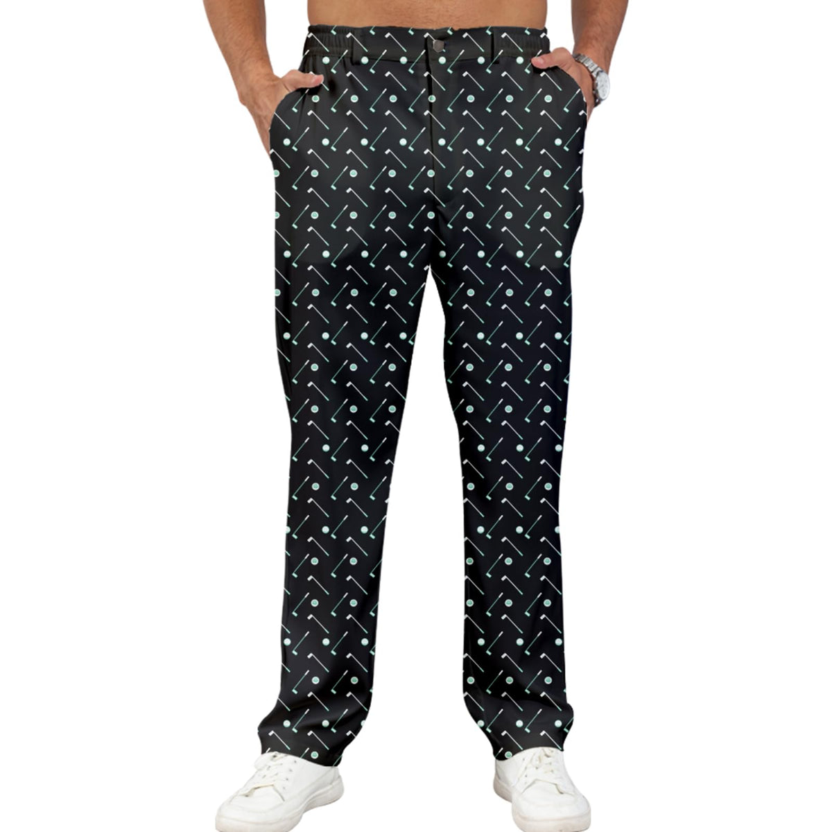 Giromo Black Golf Pants front view with flexible movement through elastic waistband.