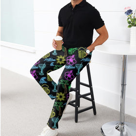 Giromo Tropical Flowers Neon pants show elastic waistband with belt loops for adjustable fit
