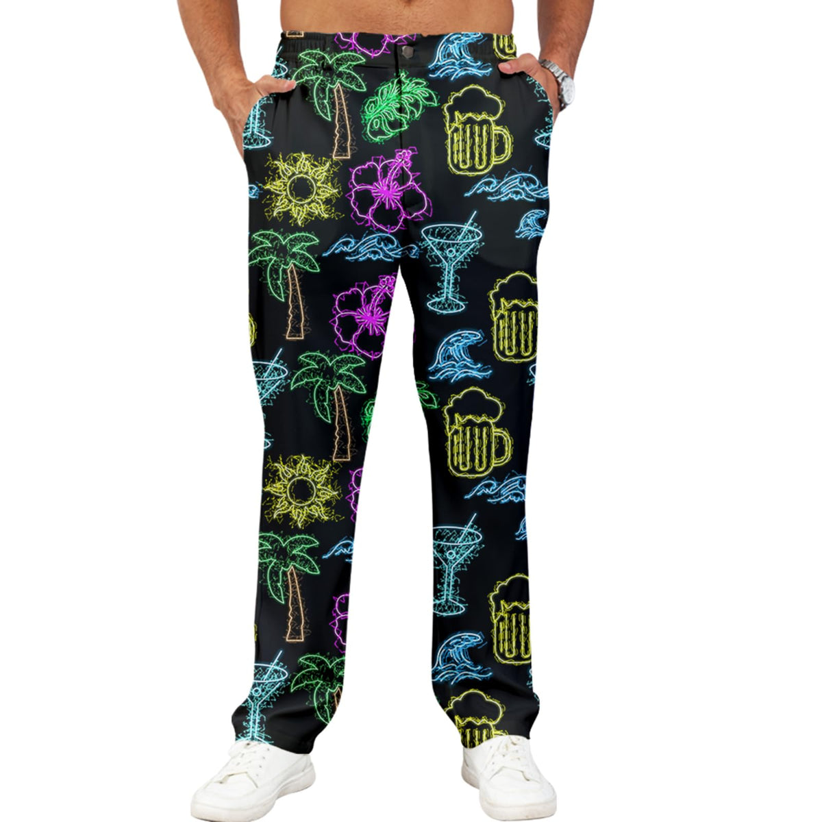 Giromo Tropical Flowers Neon men's golf pants front view for bold on-course style