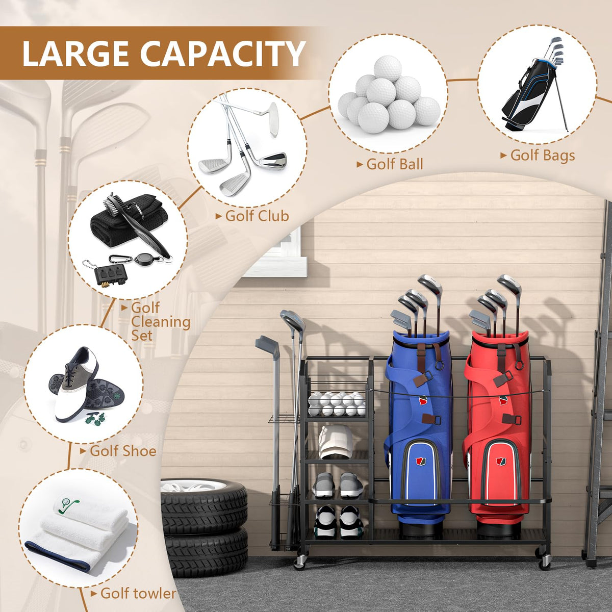 GloCryp storage with spacious shelves keeps clubs and shoes neatly organized