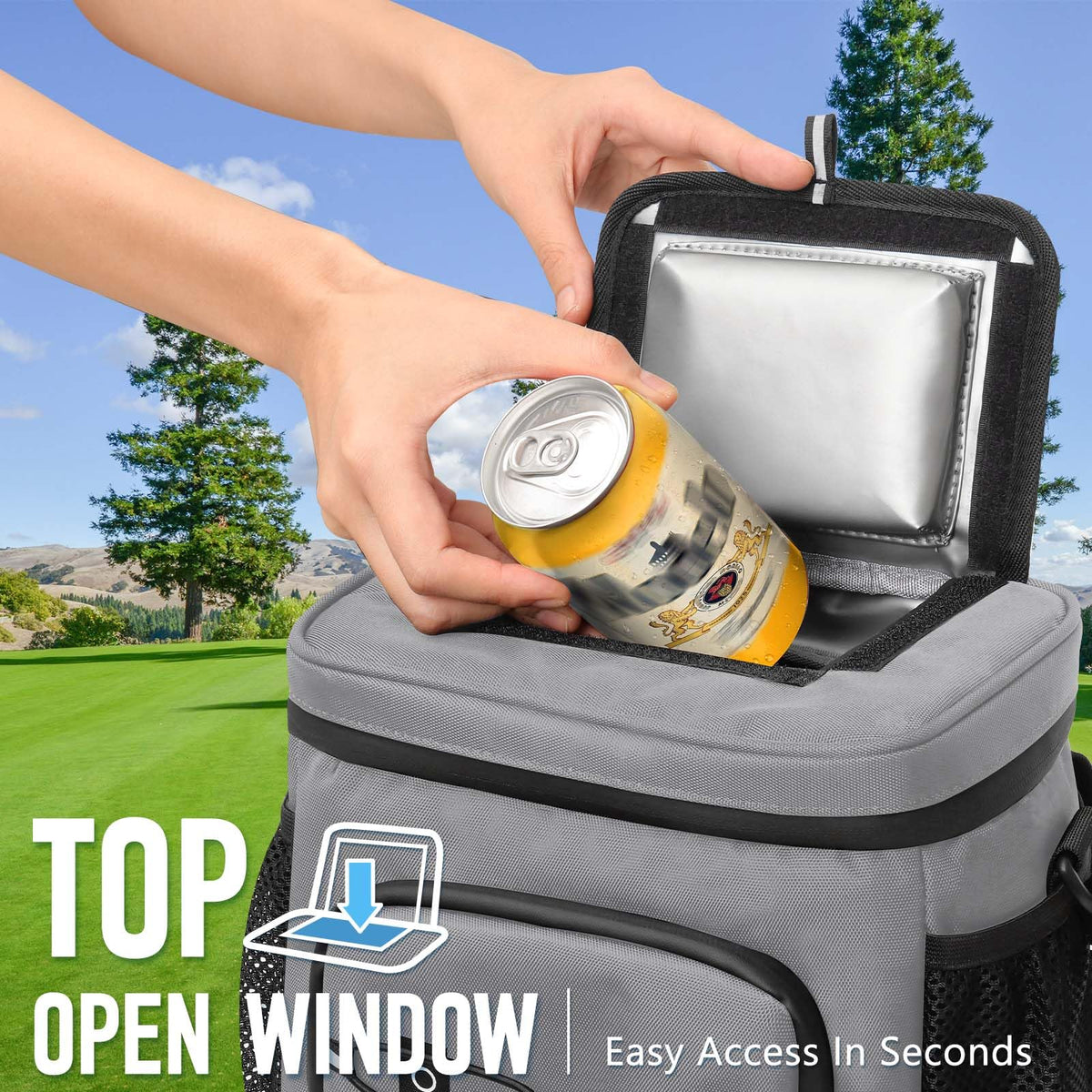 GLORIEROO cooler bag top window for quick access to drinks