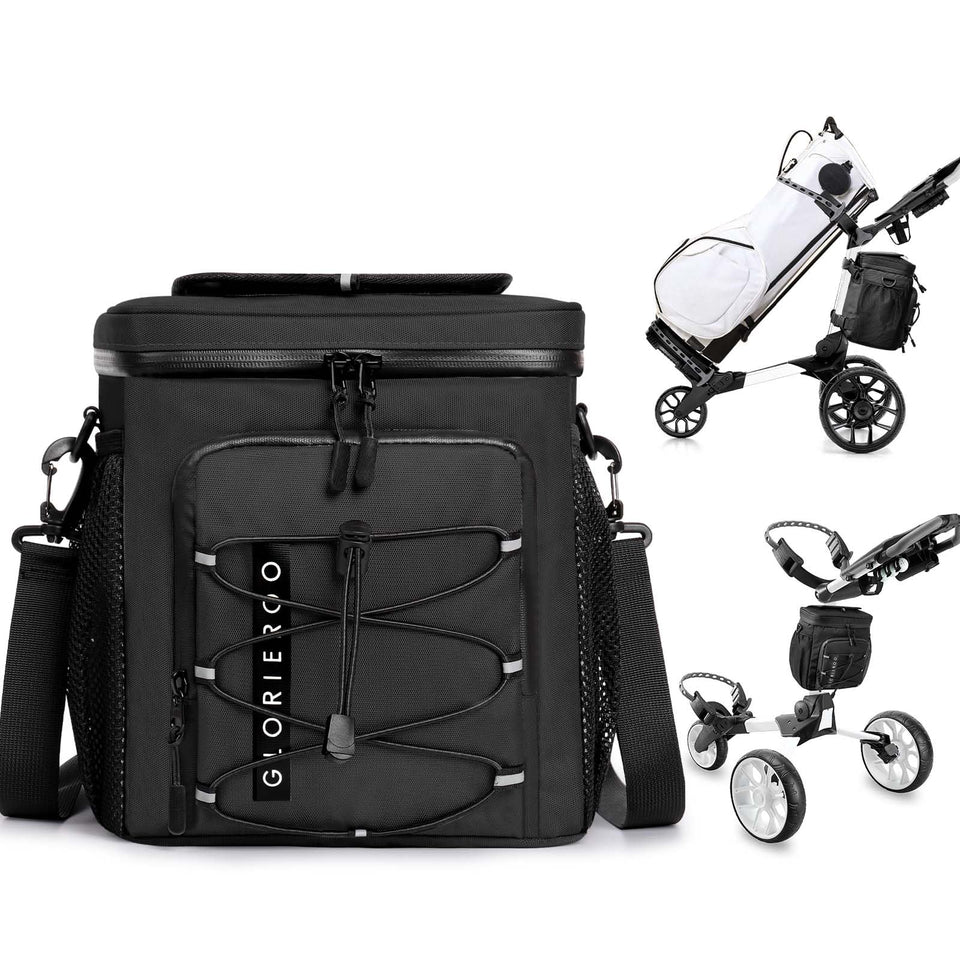 GLORIEROO golf cart cooler bag attached to a push cart for easy transport