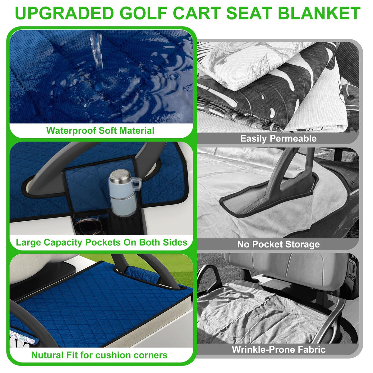 Gloserin blue seat cover shown on a golf cart for everyday use.