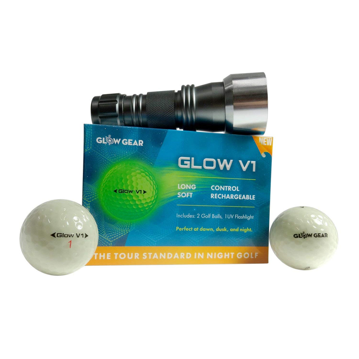 GlowV1 Night Golf Balls by GLOWGEAR, side view highlighting smooth urethane skin and soft feel.