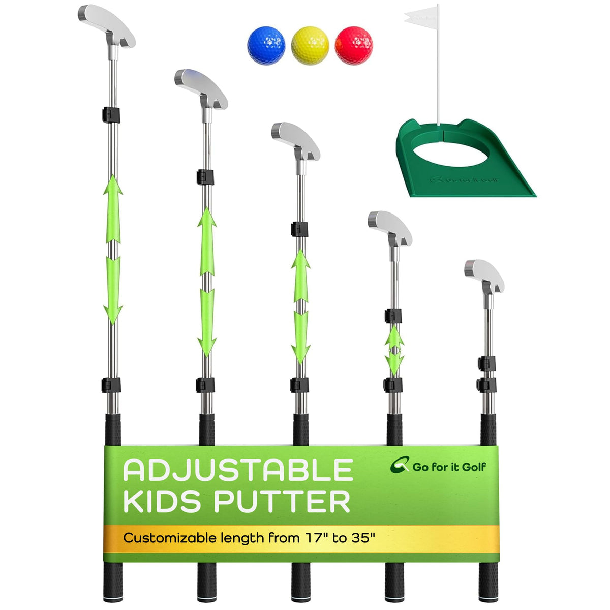 Go For It Golf Kids Putter with extendable shaft front view for growing players