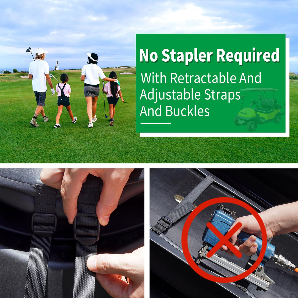 GOANYERE golf cart seat covers kit includes backrest and instruction for hassle-free setup.