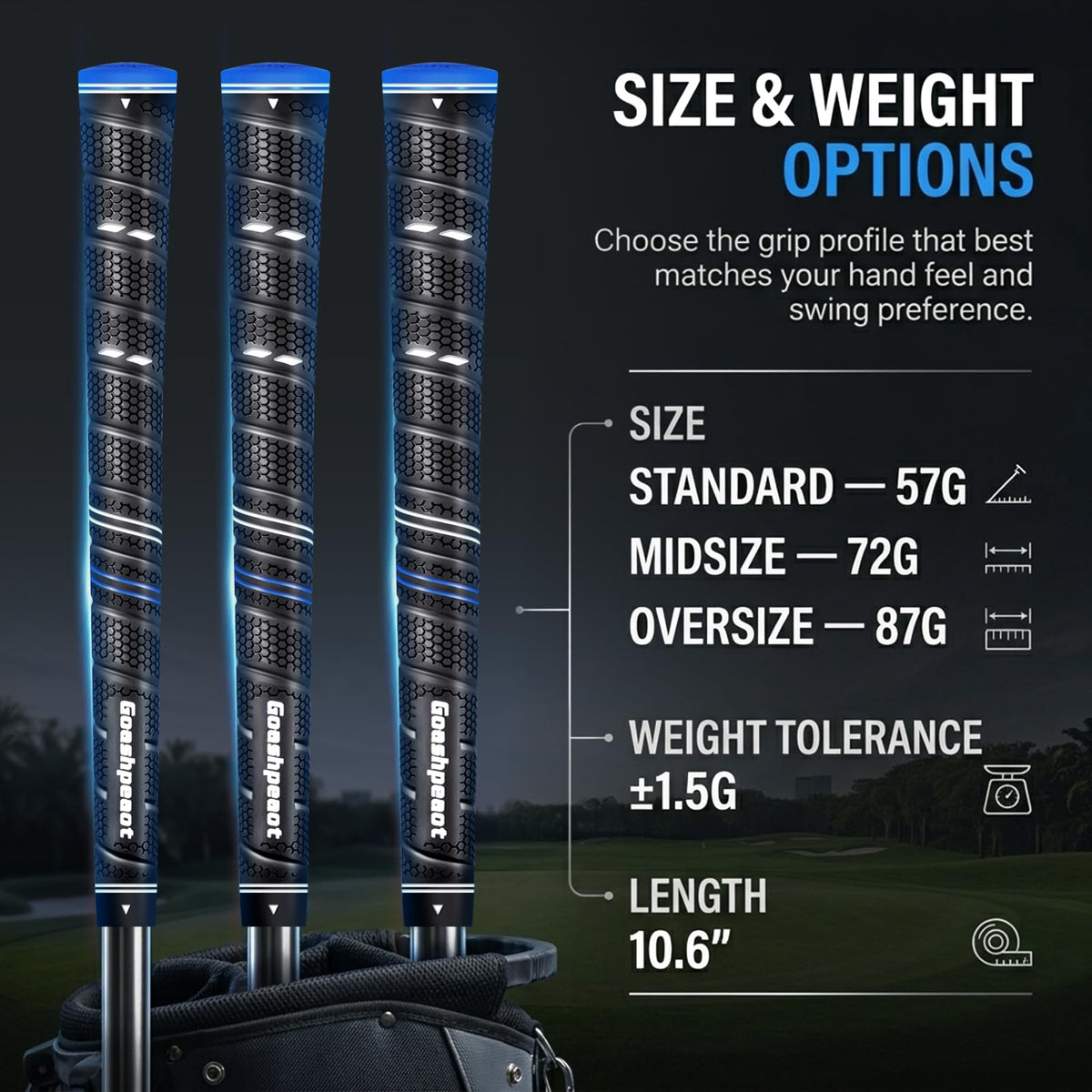 Goashpeaot size options standard midsize oversize shown on grip set.