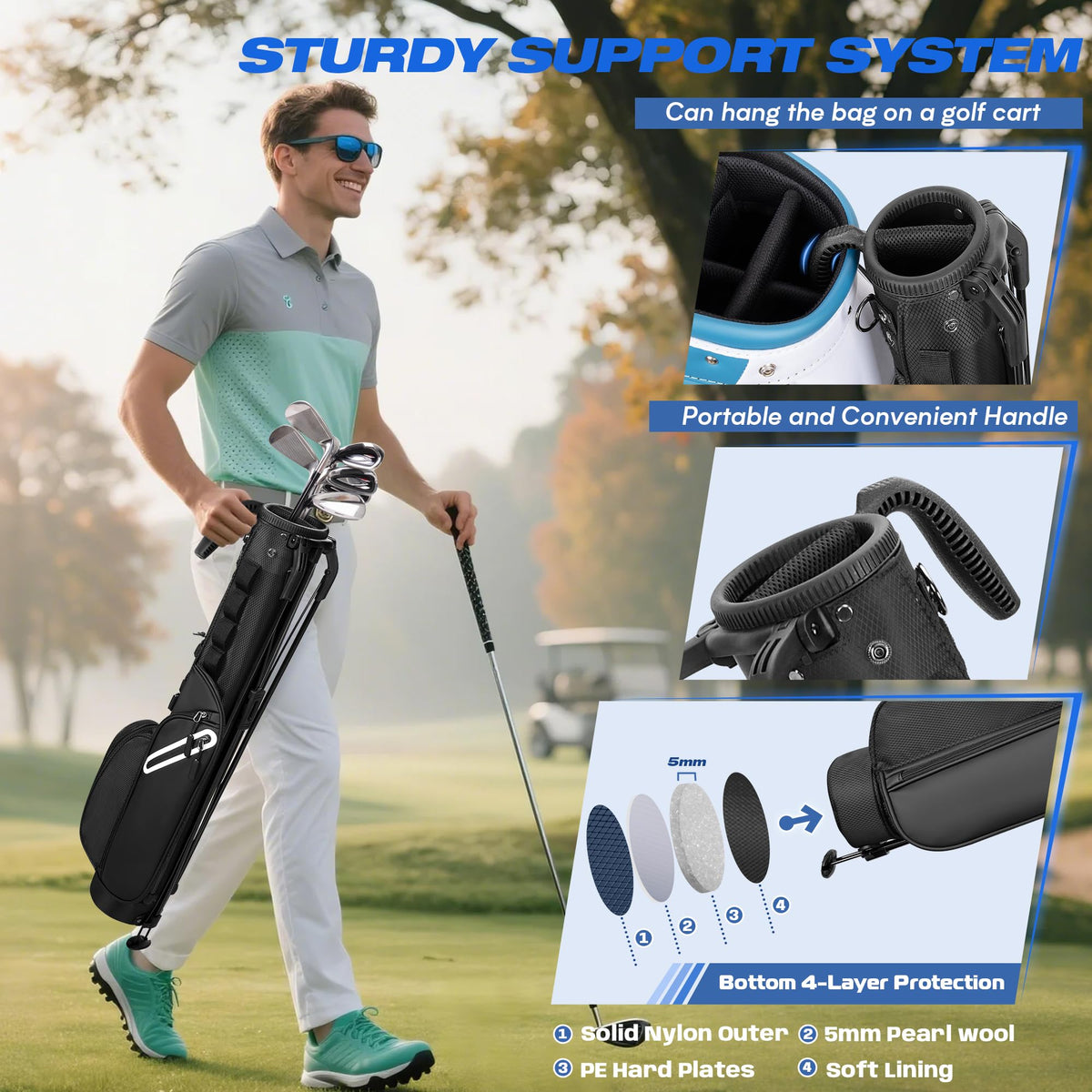 GOBUROS carbon fiber support feet offer quick stability on uneven turf.