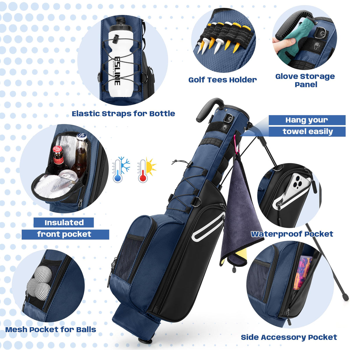 GOBUROS golf stand bag features a retractable rain hood protecting clubs.