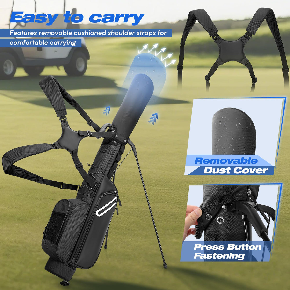 GOBUROS removable rain hood protects clubs in sudden showers.