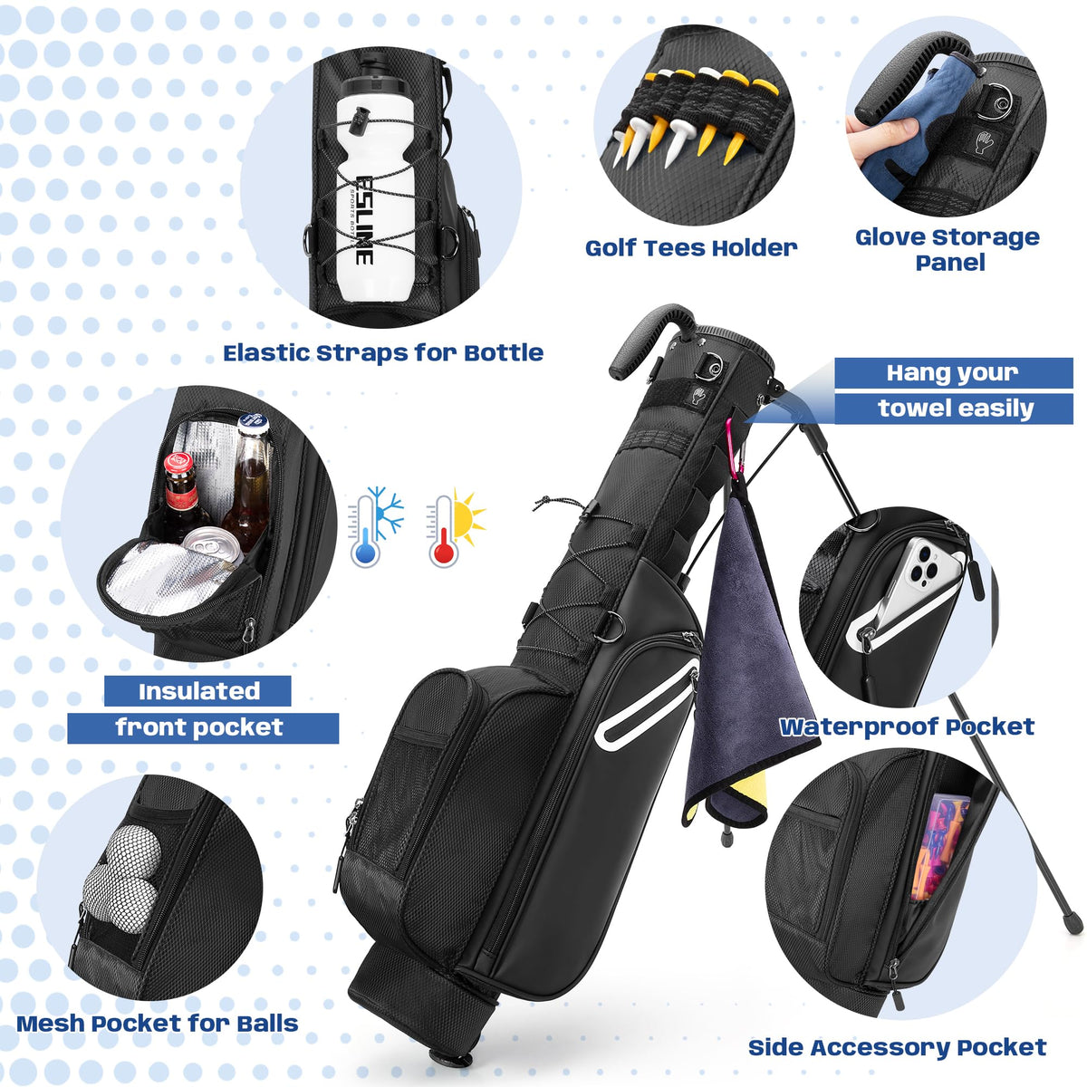 GOBUROS bag includes waterproof valuables pocket to keep essentials dry during rounds.