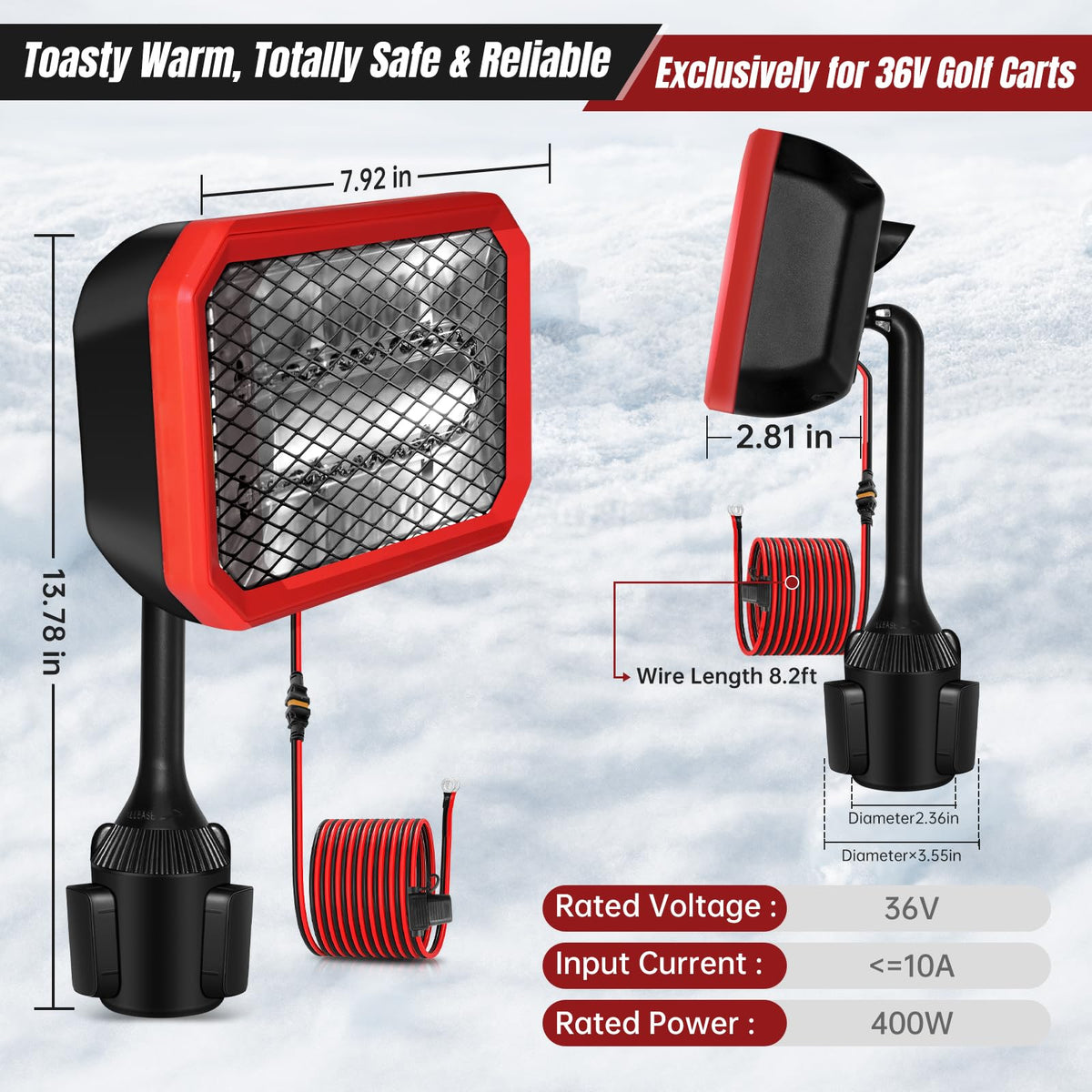 Gociean 36V heater showing 360-degree rotation for precise warmth targeting.