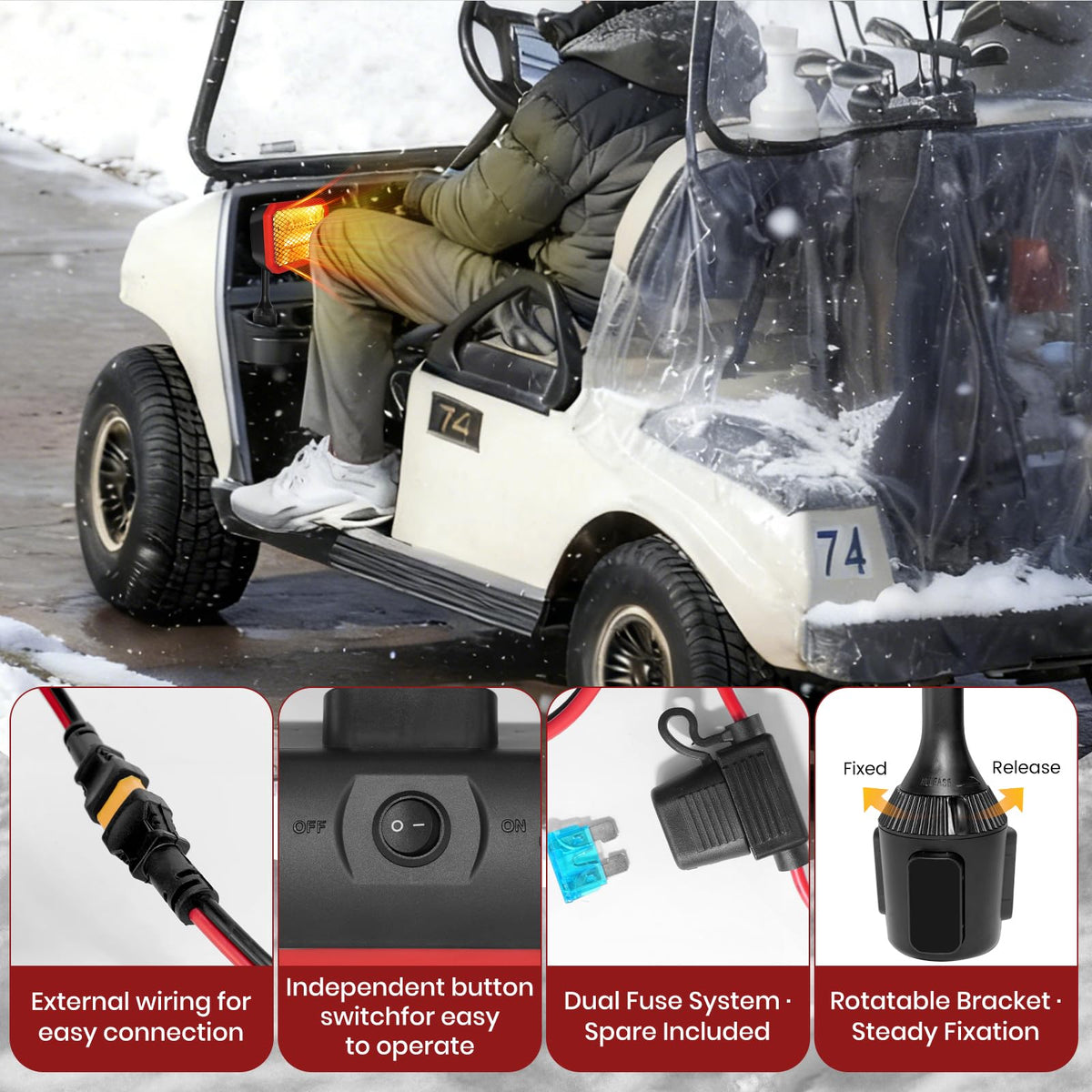 Gociean 36V battery-powered heater powered by the cart battery for quick warmth.