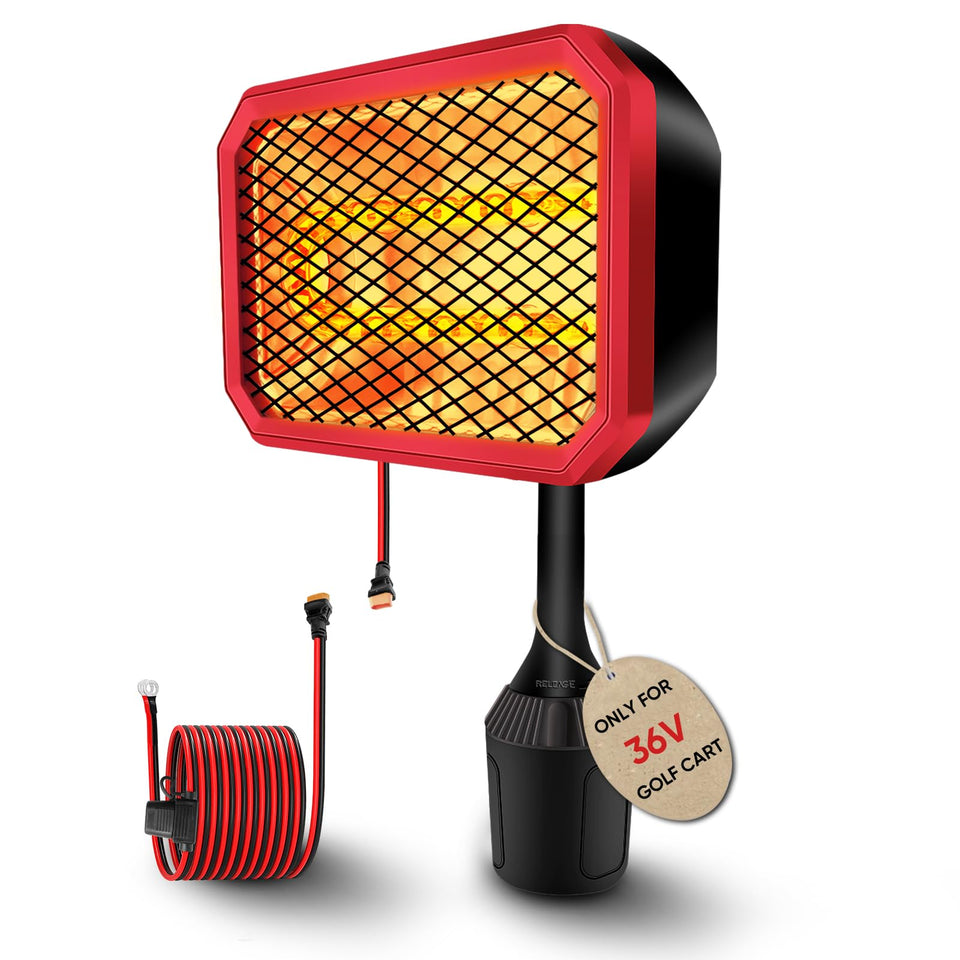 Gociean 36V heater mounted in cupholder for warmth on the golf cart.