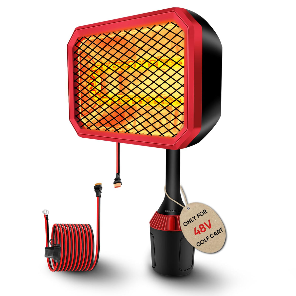 Gociean 48V heater secured in cup-holder base for stable warmth.