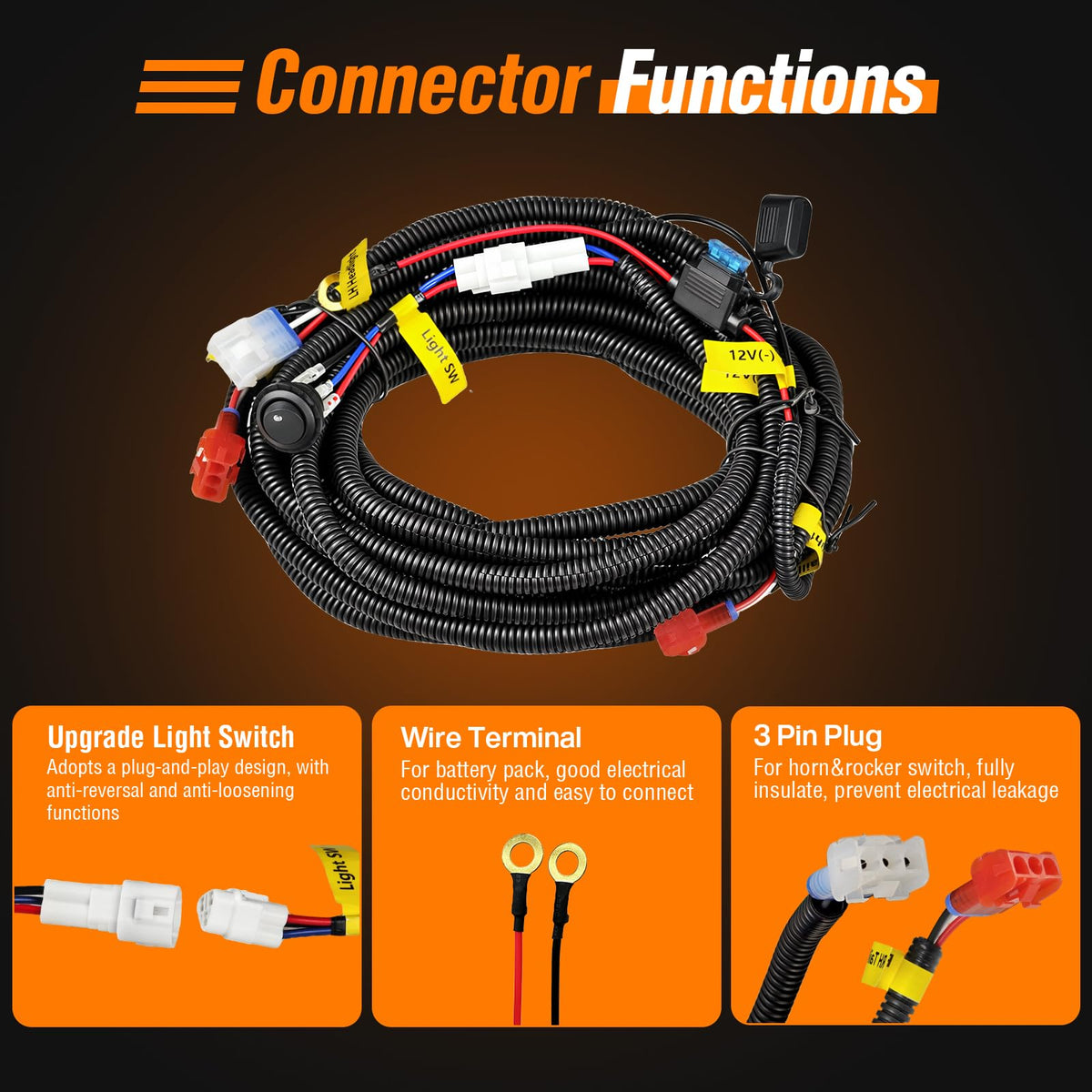 GODCTSUP 12V wiring harness fits headlight and taillight setups across models.