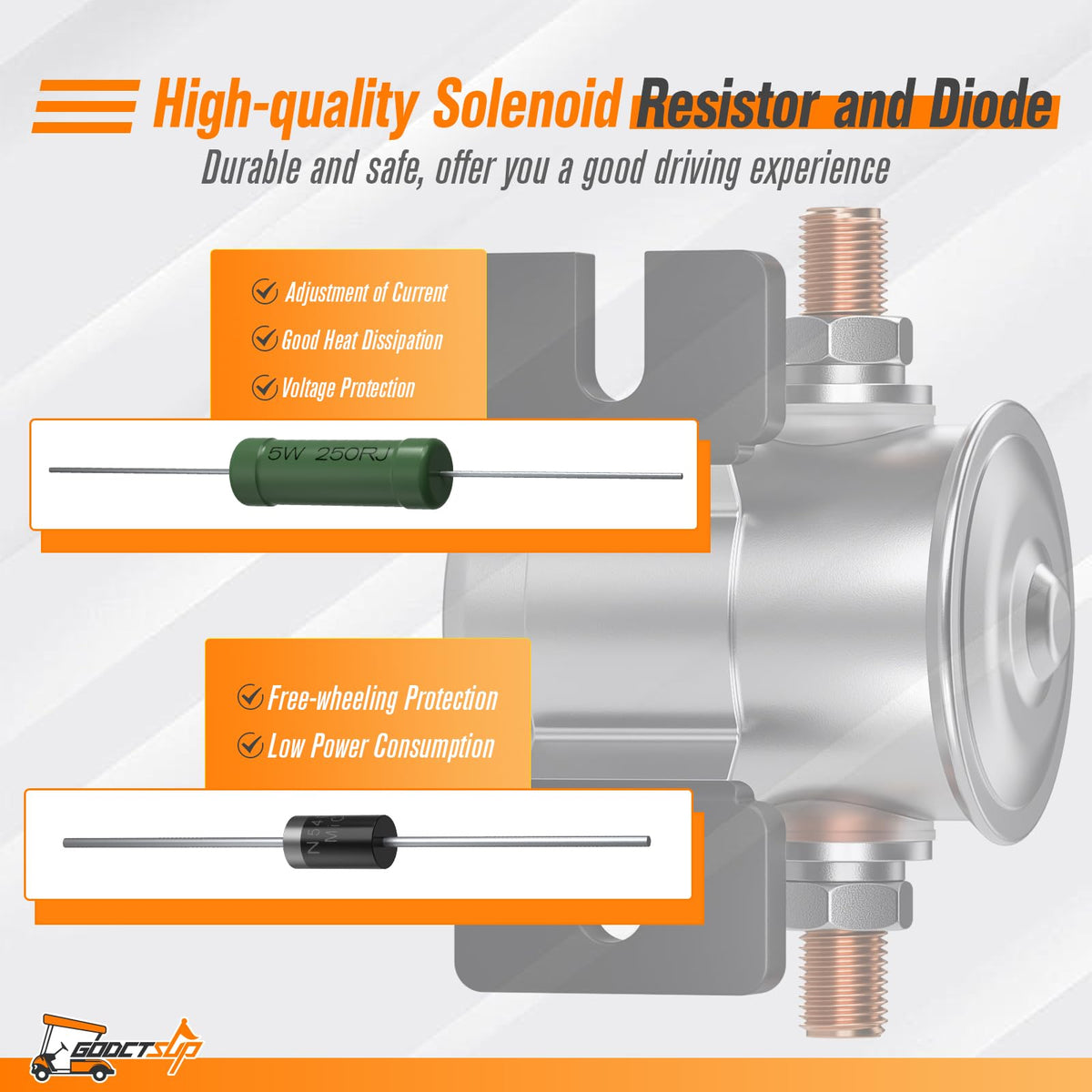 GODCTSUP 70-series compatible solenoid with OEM-ready design for EZGO carts.