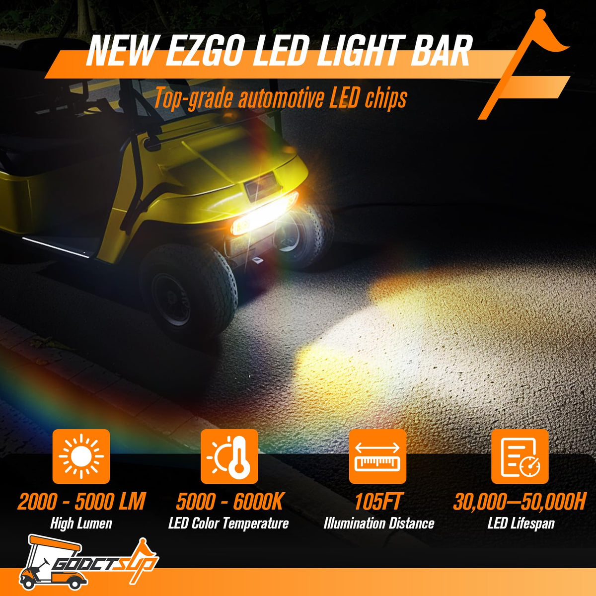 GODCTSUP EZGO TXT headlight bar beam close-up shows bright LED illumination.