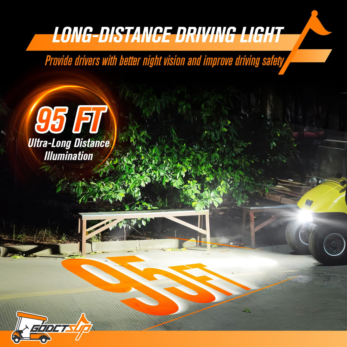 GODCTSUP EZGO TXT headlight bar installed on cart enhances nighttime driving experience.