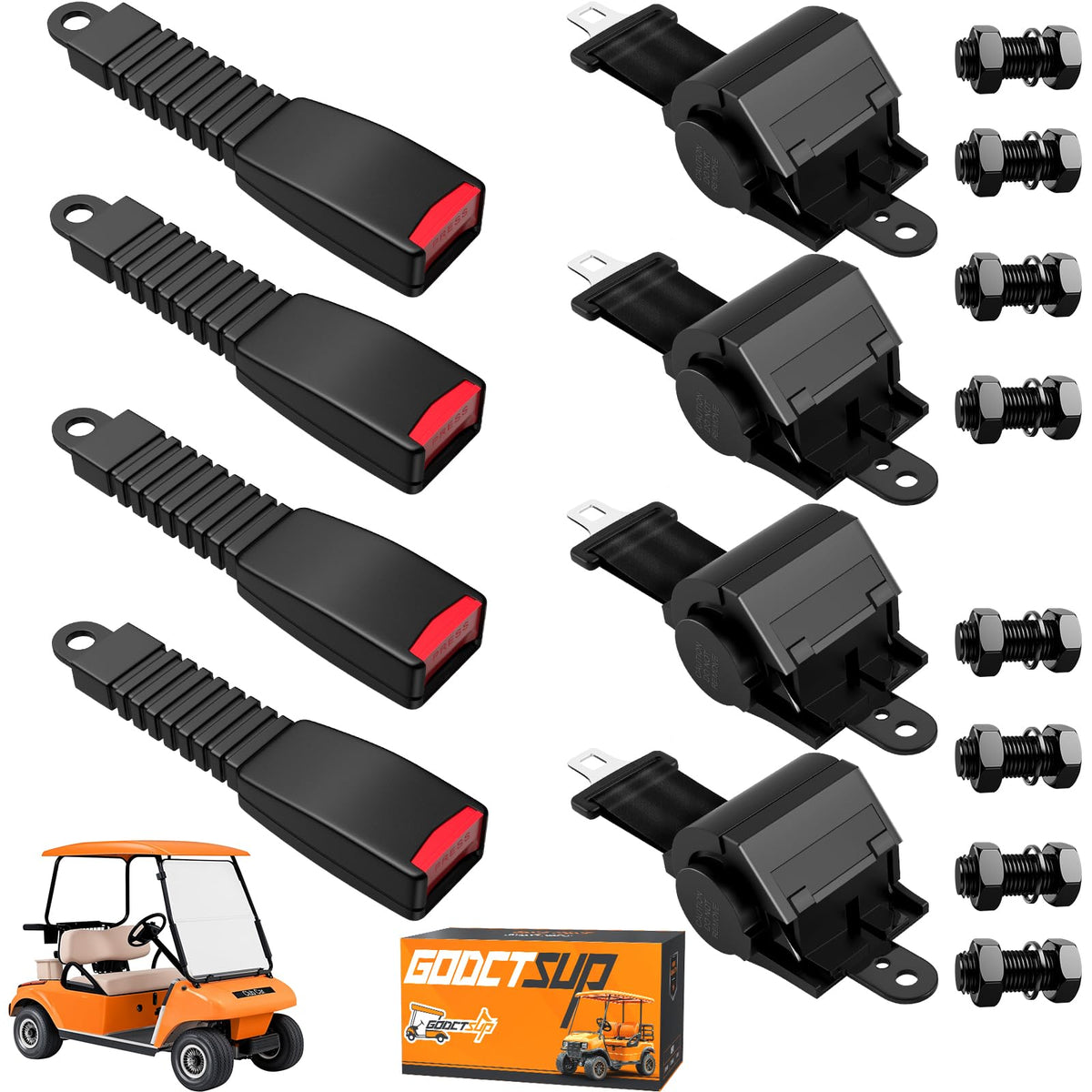 GODCTSUP seat belt kit front view showing retractable straps for safer golf cart rides