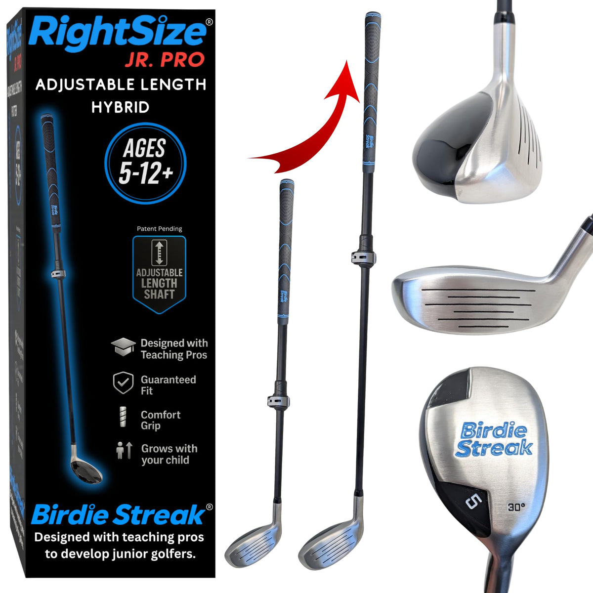 Go For It Golf RightSize Hybrid highlight showing adjustable shaft 26–33 inches for growing players.