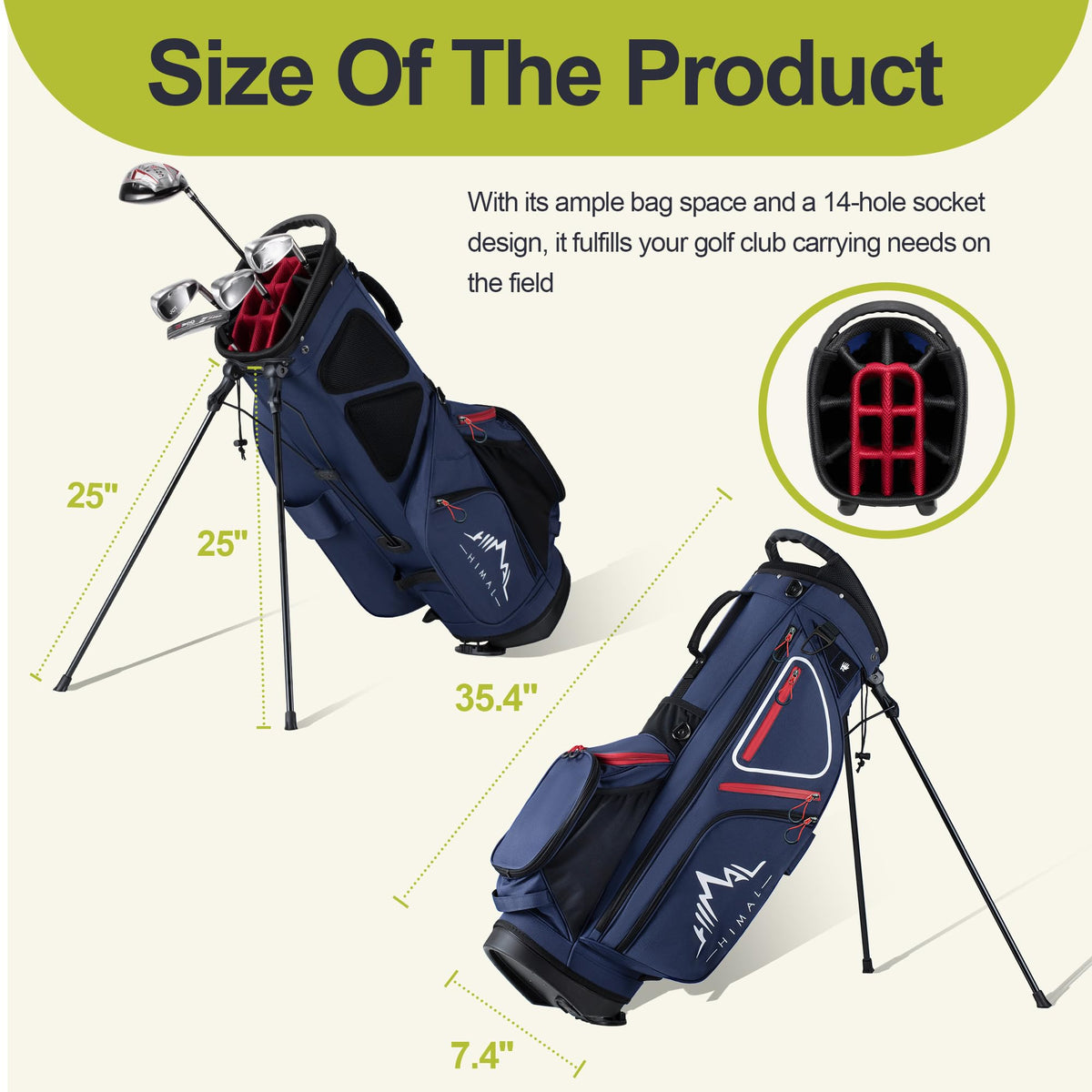 GoHimal golf stand in navy blue, rugged 600D fabric.