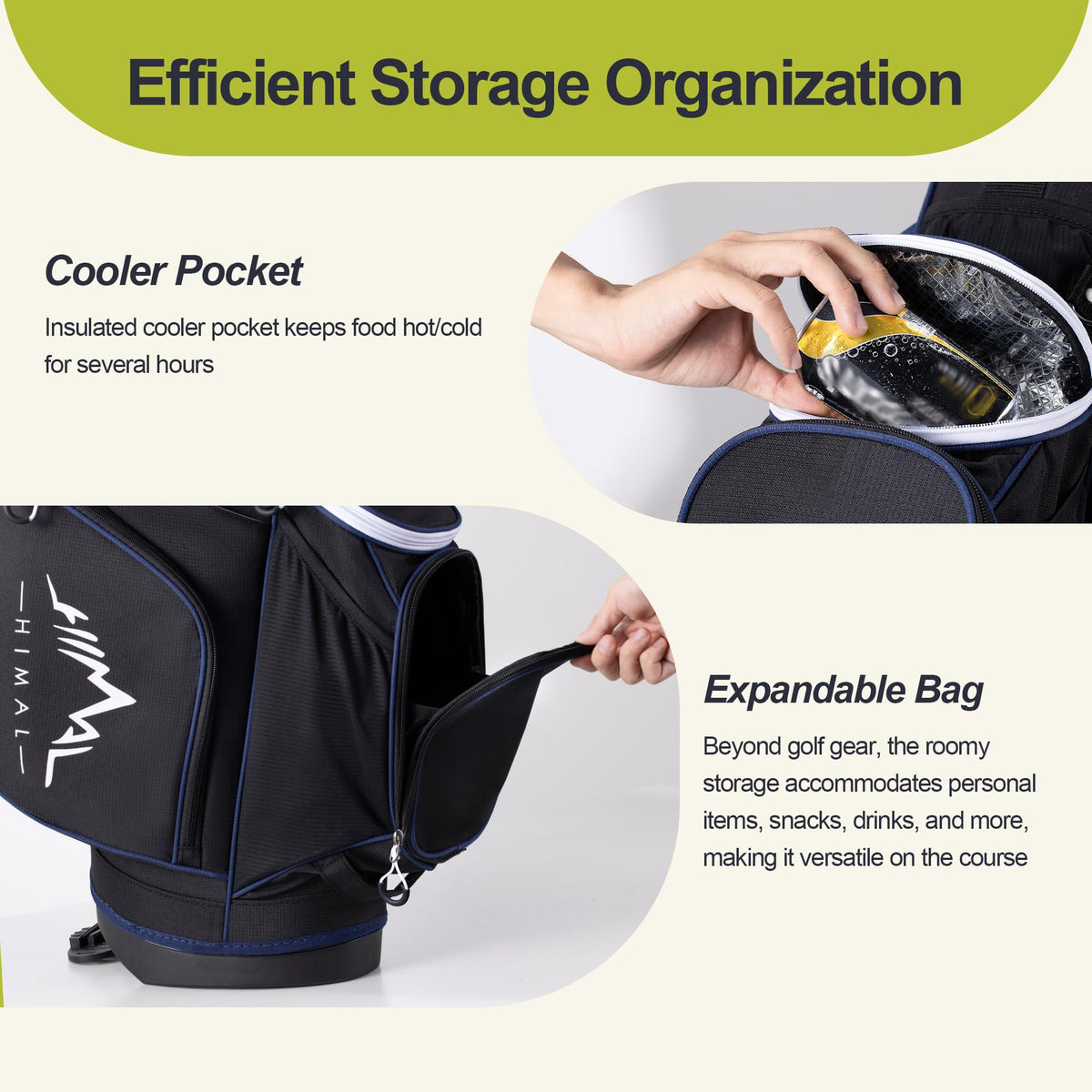 GoHimal cooler pocket keeps drinks cool between holes without interfering with clubs.
