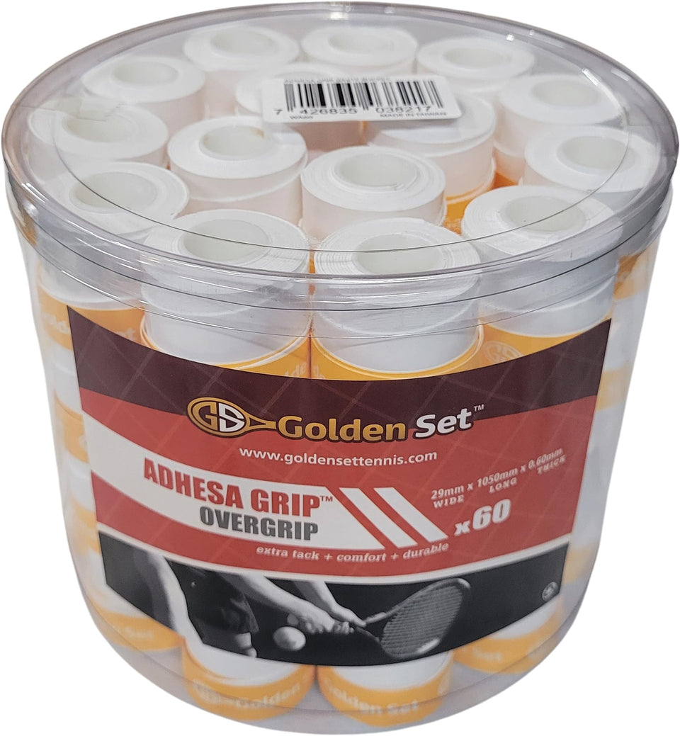 Golden Set Adhesa Grip bucket with 60 white over-grips for easy grip updates.