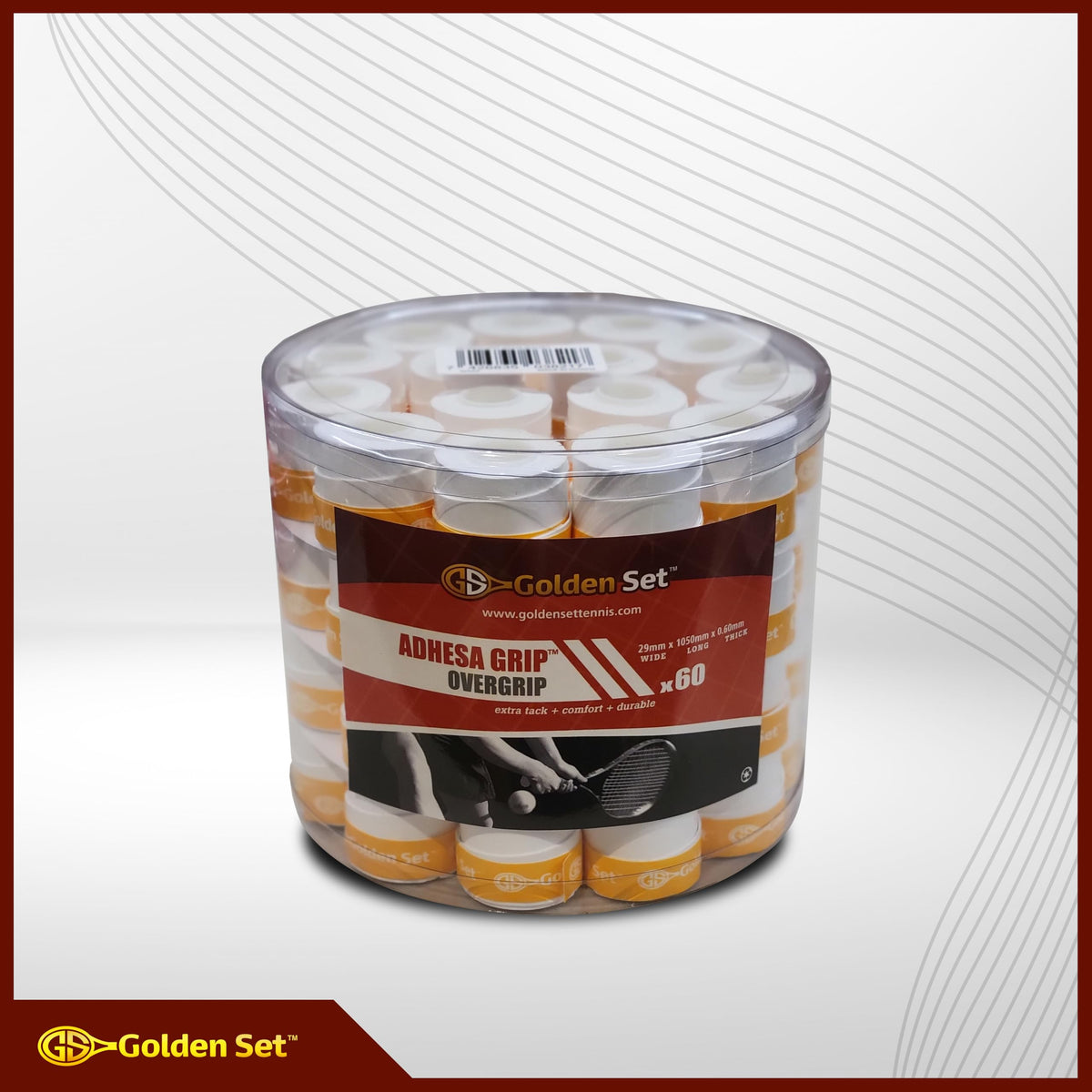Golden Set Adhesa Grip white over-grip with gold tape detail adds premium flair.