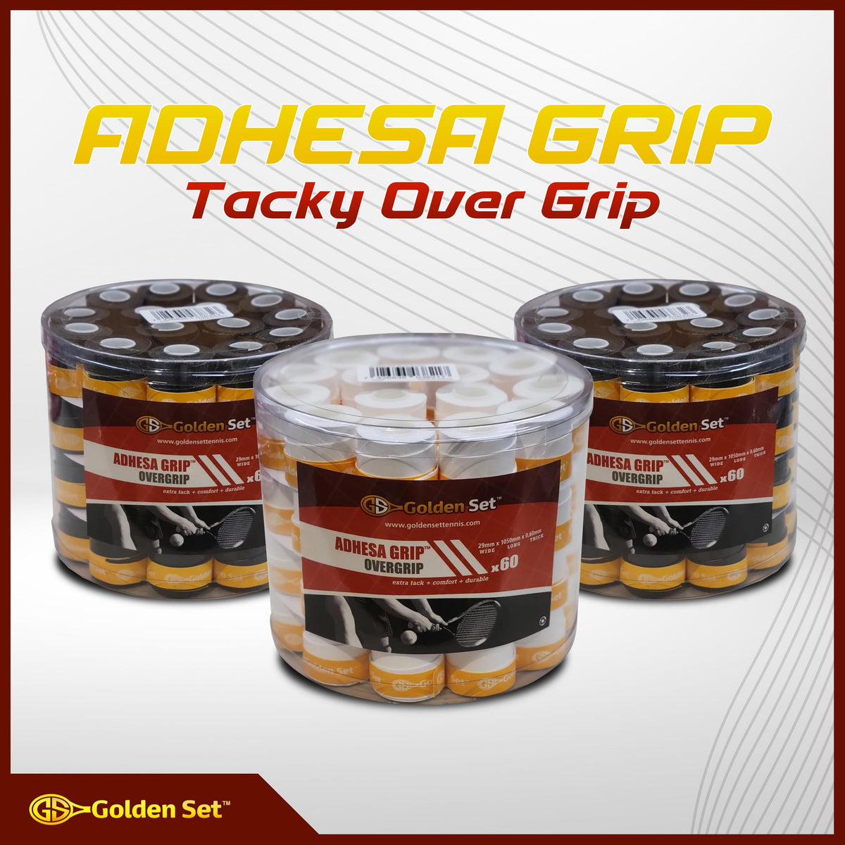 Golden Set Adhesa Grip white over-grip with gold tape detail enhances style.