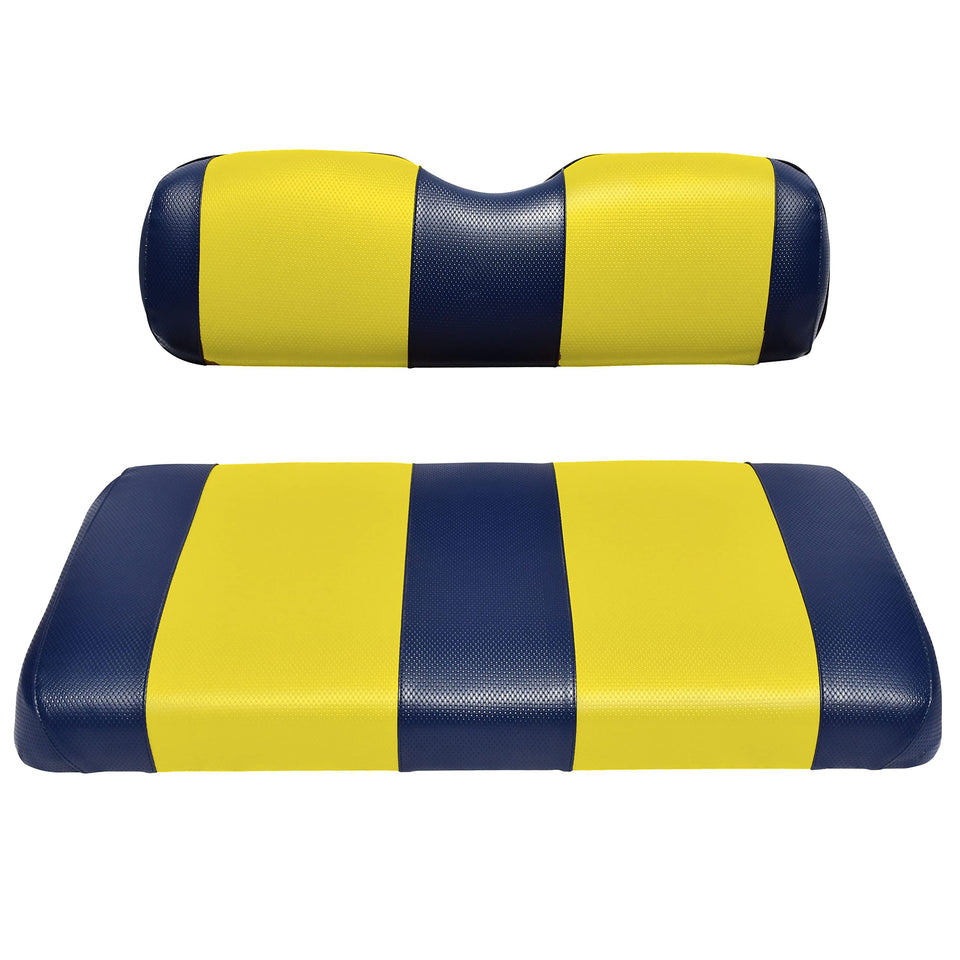 Golf Ball Divers EZGO RXV front bench seat cover in blue-yellow, upgrade with durable two-tone design.