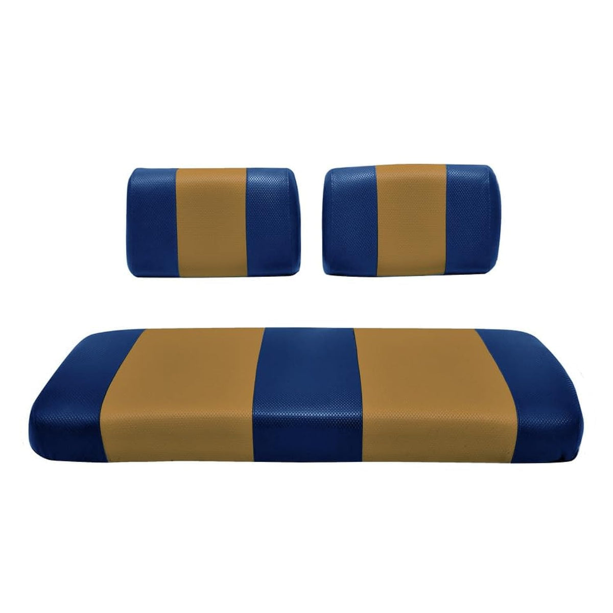 GOLF BALL DIVERS EZGO Marathon seat cover, front and rear, two-tone blue and tan protects against wear