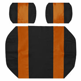 Two-tone black and orange Golf Ball Divers seat cover illustrates staple-on installation on the front seat