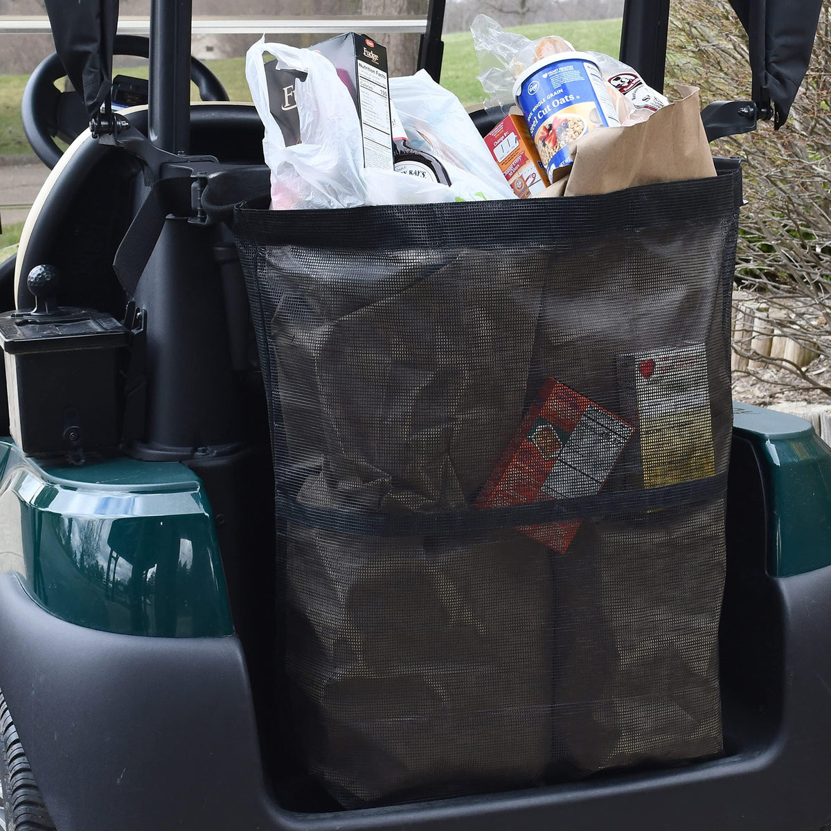 GOLF BALL DIVERS universal cart bag behind seats on 2- and 4-seat carts adds extra storage.