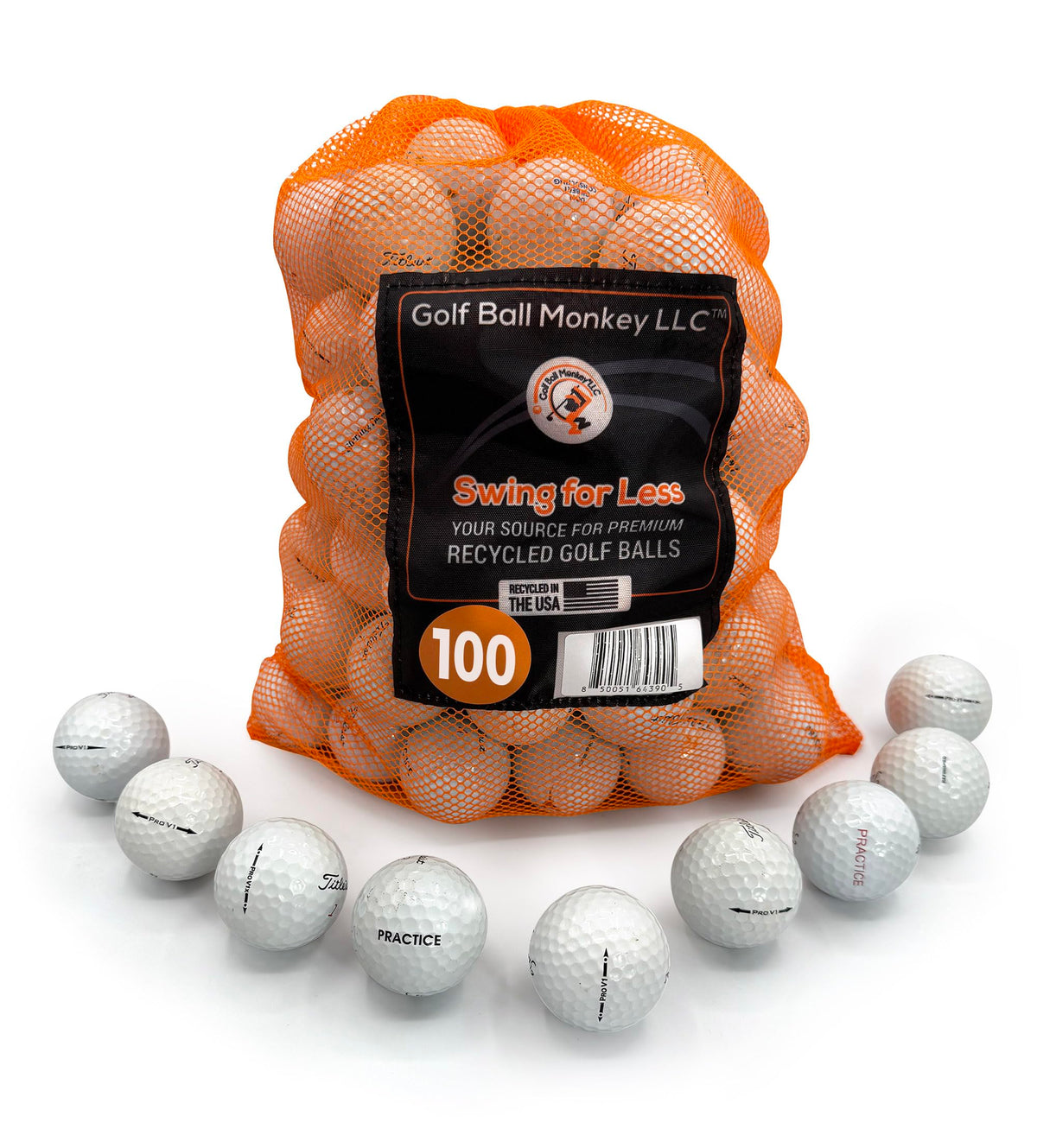 Golf Ball Monkey 100-pack mesh bag for easy on-course storage.