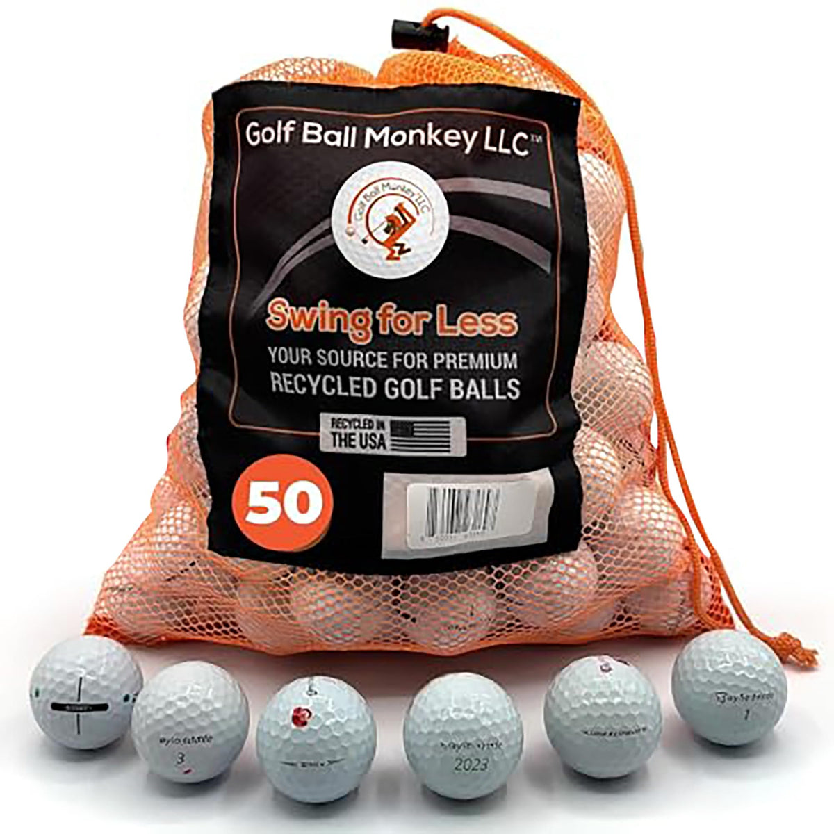 Golf Ball Monkey 50-pack with mesh bag featuring Taylormade balls for practice