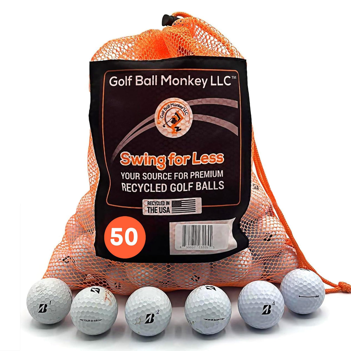 Golf Ball Monkey Bridgestone white mix 50-pack bulk recycled golf balls for practice rounds.