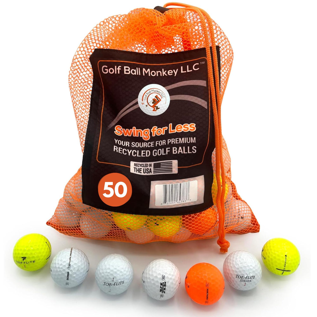 Golf Ball Monkey mesh bag with cheap recycled Top Flite balls for easy range transport.