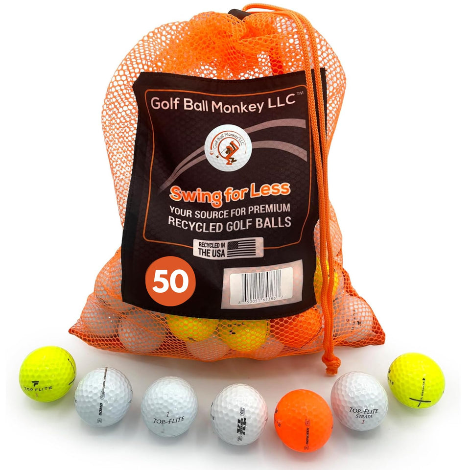 Golf Ball Monkey mesh bag with cheap recycled Top Flite balls for easy range transport.