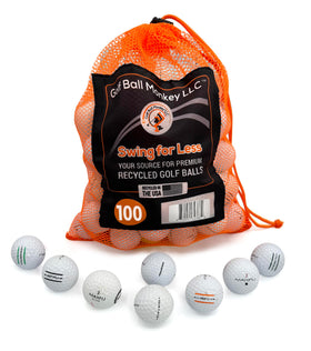 Golf Ball Monkey MaxFli 100-pack white balls in mesh bag for easy transport.