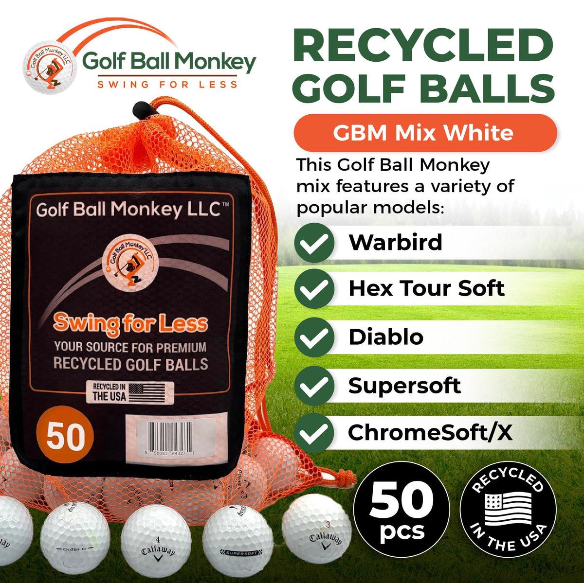 Golf Ball Monkey mesh bag included for convenient ball transport.