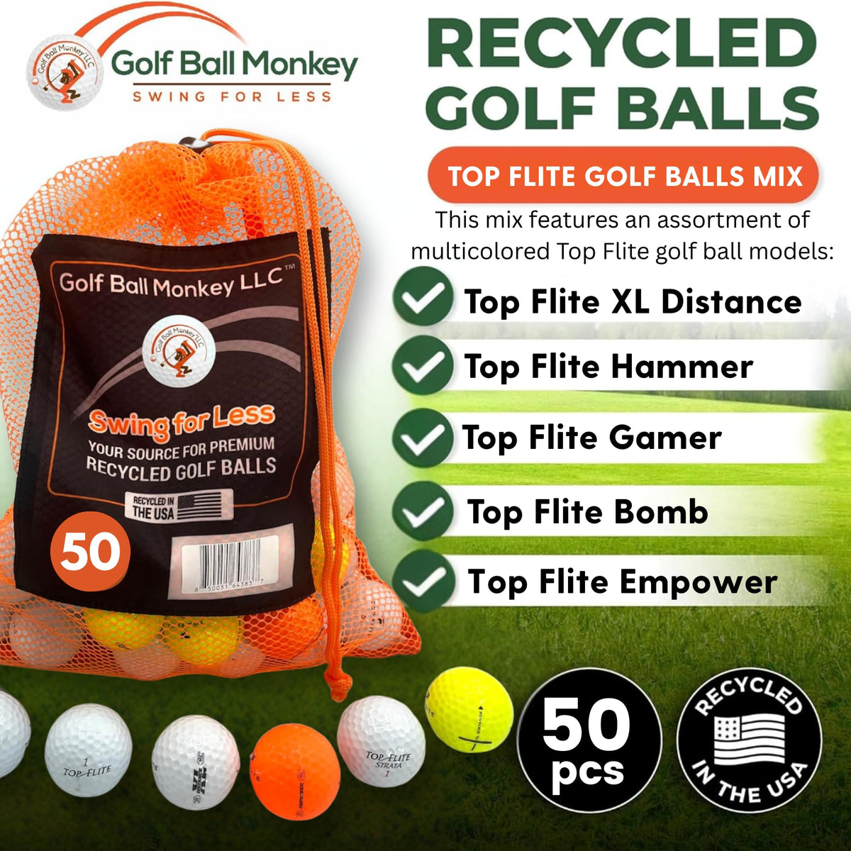 Golf Ball Monkey multicolor Top Flite balls improve visibility during practice.
