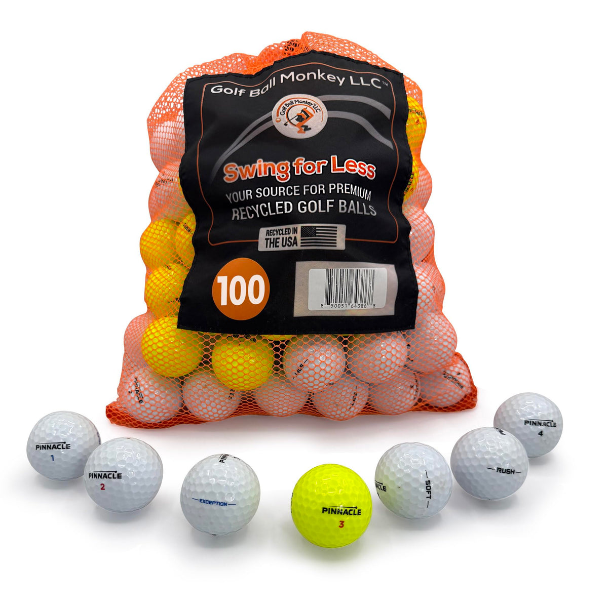 Golf Ball Monkey Pinnacle 100-pack with mesh bag for easy transport and storage.