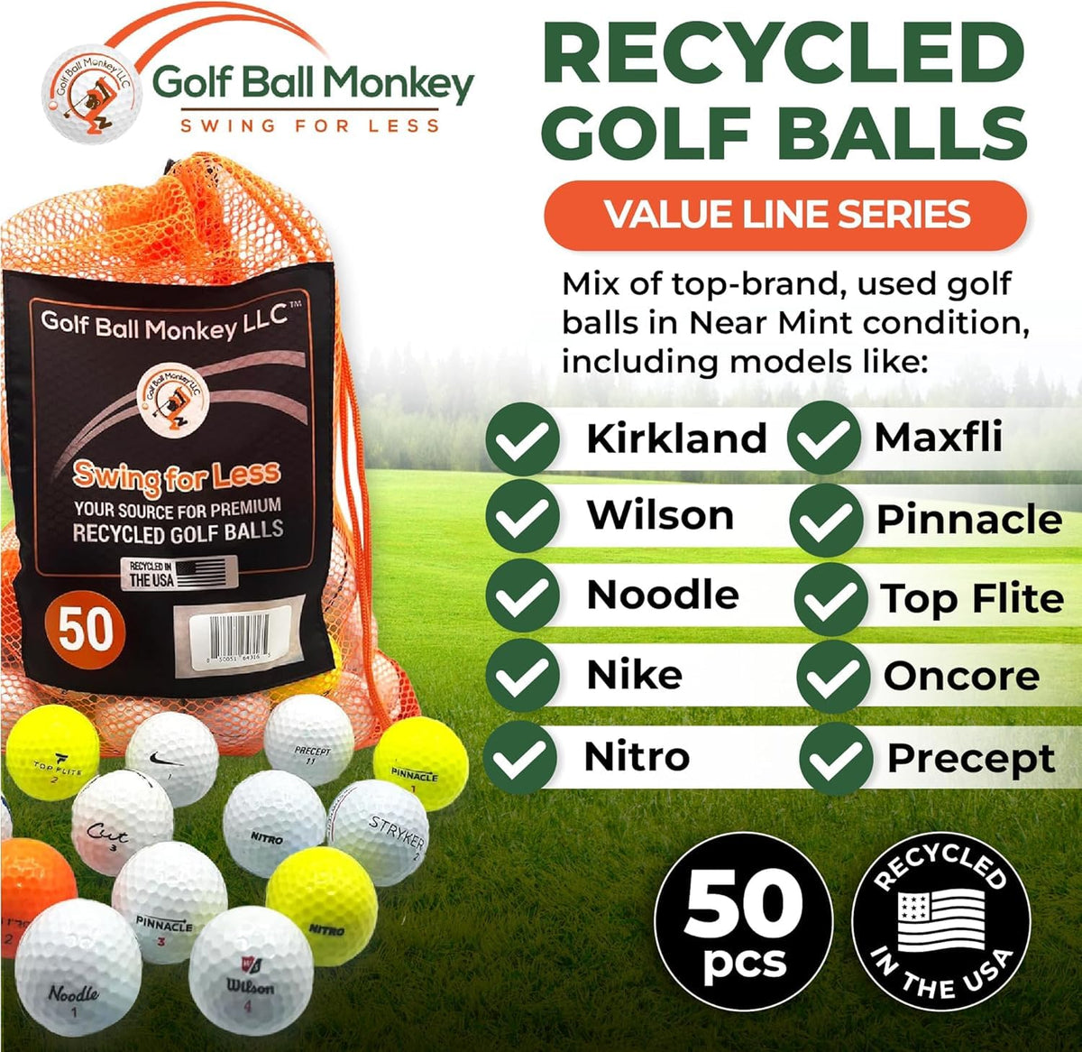 Golf Ball Monkey value line bulk pack close-up shows recycled balls ready for practice
