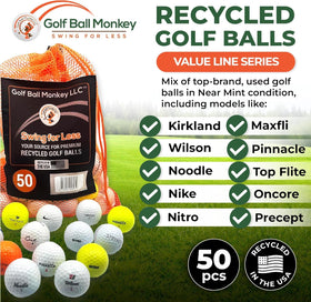Golf Ball Monkey value line bulk pack close-up shows recycled balls ready for practice