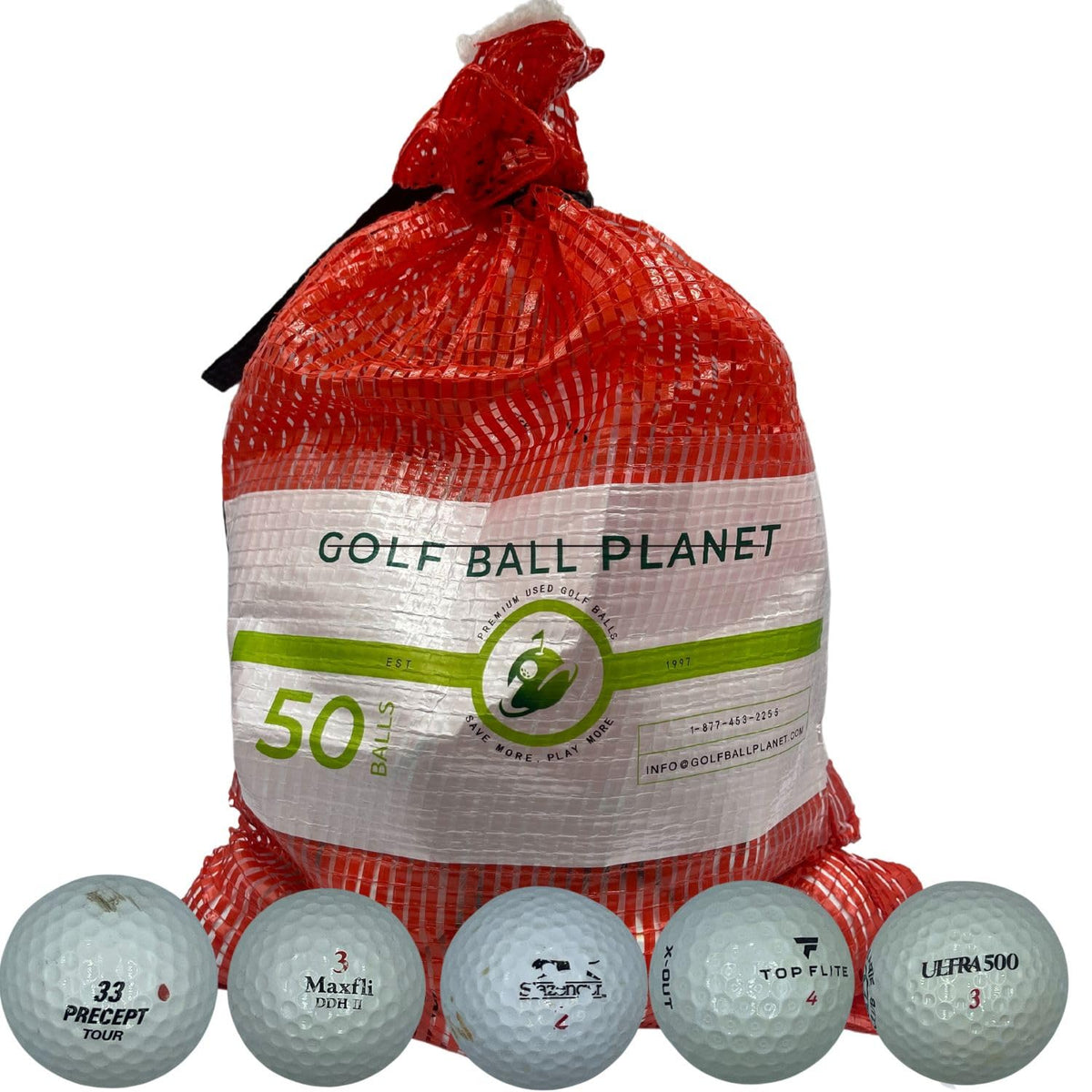 Golf Ball Planet 50-ball mesh bag ready for practice in the backyard or range.