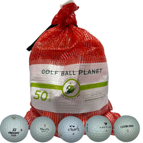 Golf Ball Planet 50-ball mesh bag ready for practice in the backyard or range.