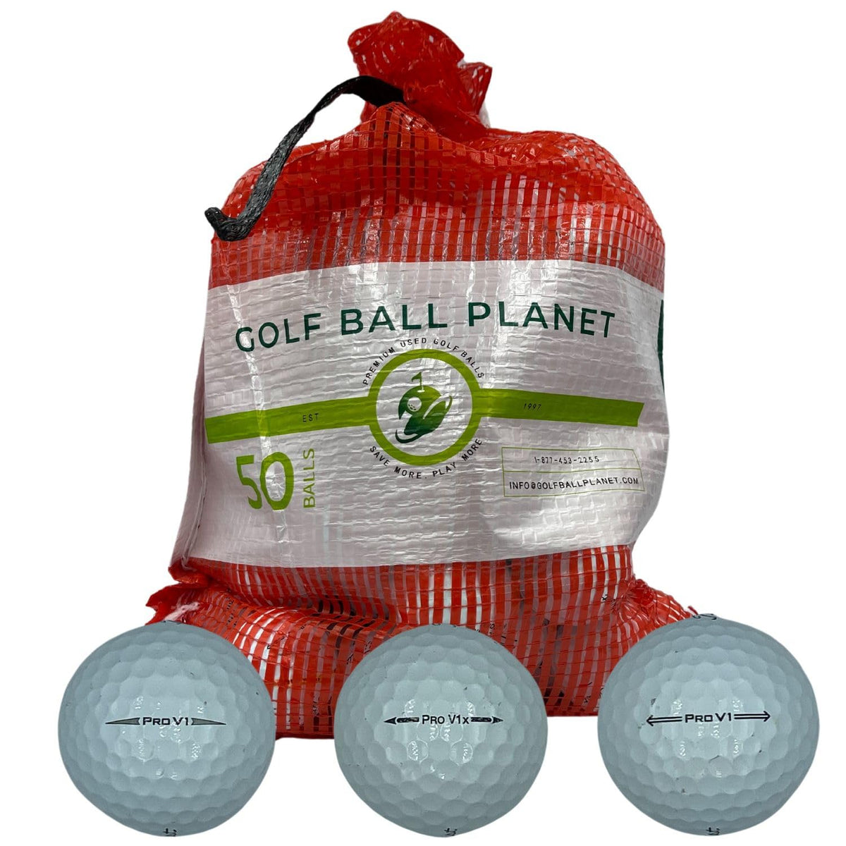 Golf Ball Planet 50-pack in mesh bag ready for practice rounds.