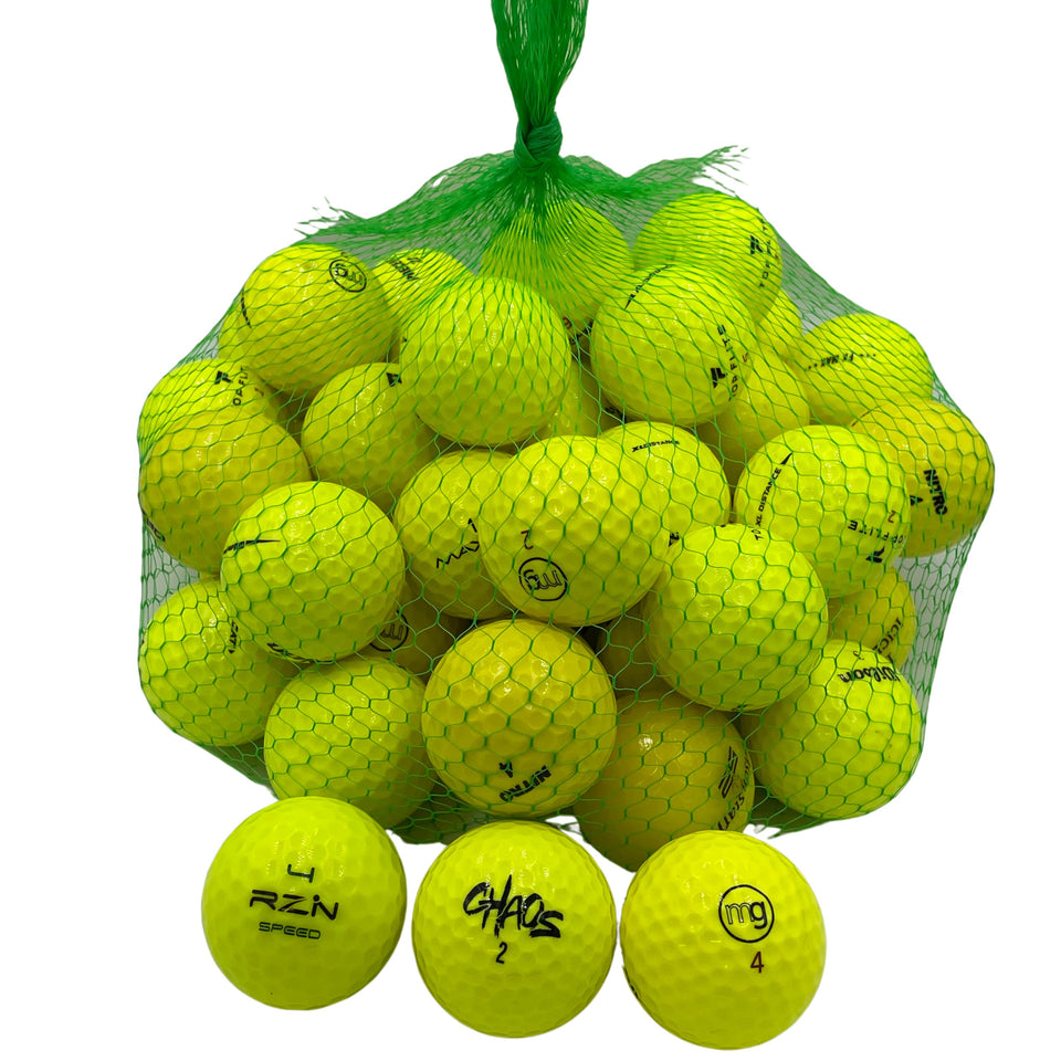 Golf Ball Planet 50-pack yellow mix front view shows varied wear for practice.