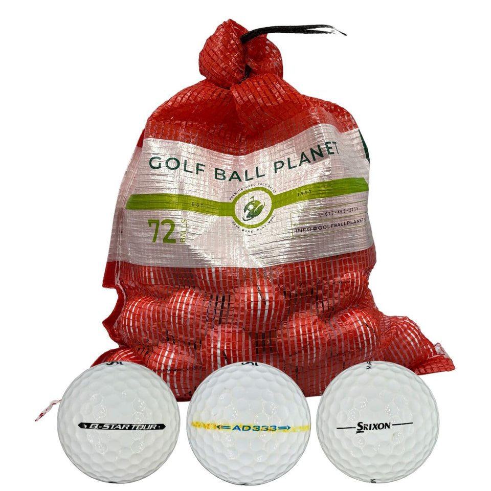 Golf Ball Planet 72 used Srixon balls in mesh bag for practice rounds.